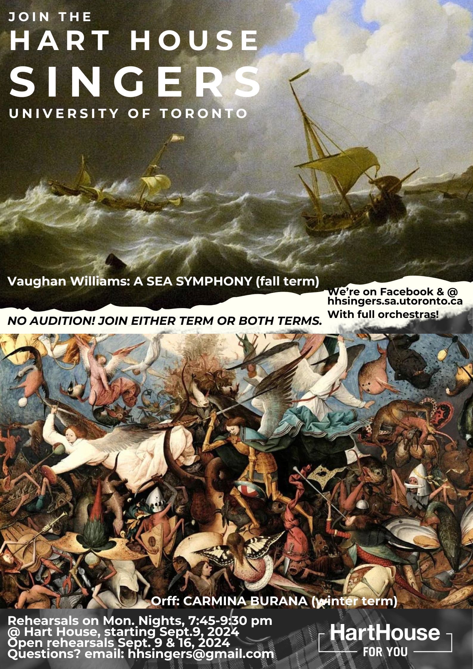 Join the Hart House Singers, Sing Vaughan Williams: A Sea Symphony. No Audition. Rehearsals on Mon. Nights, 7:45-9:30pm. at Hart House starting Sept. 9, 2024. Open rehearsals Sept. 9 and 16.  Questions email: hhsingers@gmail.com